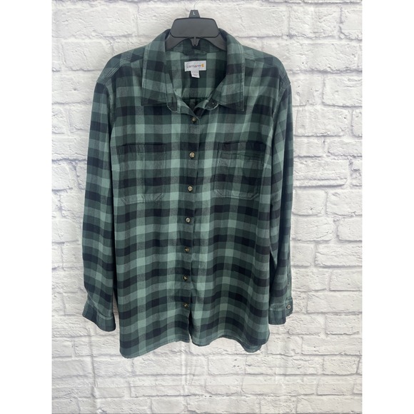Carhartt Women's Green Black Button Down Flannel Rustic Gorpcore Shirt Size 3X - Picture 9 of 9